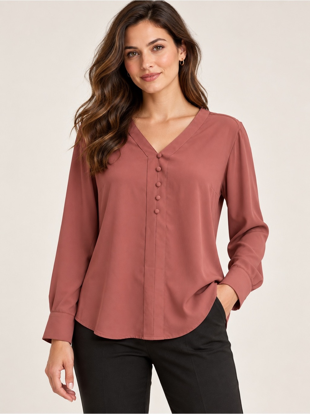 Express Women’s Dusty Rose V-Neck Button Front Blouse Long Sleeve Size Small